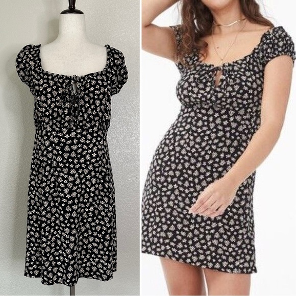 Aeropostale Dresses & Skirts - Aeropostale Linen Blend Black Floral Ditsy Tie-Neck Empire Dress, Sz Medium